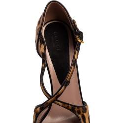 Gucci Black/Brown Leopard Print Pony Hair Platform Peep Toe Sandals Size 39