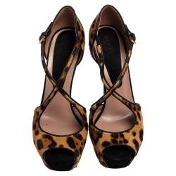 Gucci Black/Brown Leopard Print Pony Hair Platform Peep Toe Sandals Size 39