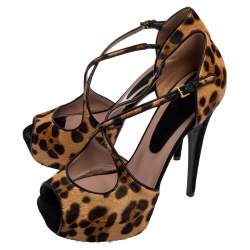 Gucci Black/Brown Leopard Print Pony Hair Platform Peep Toe Sandals Size 39