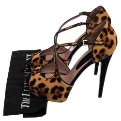 Gucci Black/Brown Leopard Print Pony Hair Platform Peep Toe Sandals Size 39