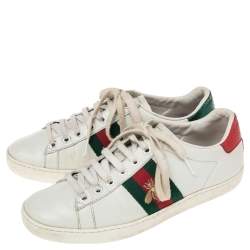 Pre Owned حذاء رياضي غوتشي إيس جلد أبيض مطرز بحلية نحلة بعنق منخفض مقاس 36