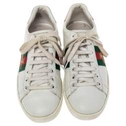 Pre Owned حذاء رياضي غوتشي إيس جلد أبيض مطرز بحلية نحلة بعنق منخفض مقاس 36