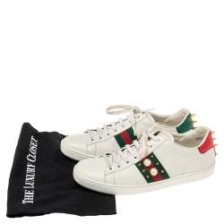 Pre Owned Gucci White Leather  Ace Web Faux Pearl Embellished Low Top Sneakers Size 39