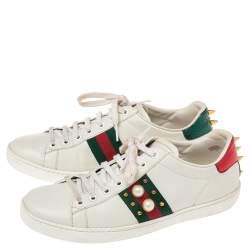 Pre Owned Gucci White Leather  Ace Web Faux Pearl Embellished Low Top Sneakers Size 39