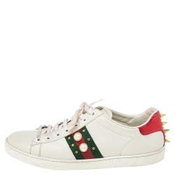 Pre Owned Gucci White Leather  Ace Web Faux Pearl Embellished Low Top Sneakers Size 39