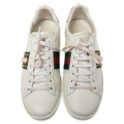 Pre Owned Gucci White Leather  Ace Web Faux Pearl Embellished Low Top Sneakers Size 39