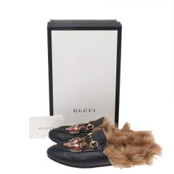 Pre Owned Gucci Black Tiger Embroidered Leather And Fur Lined Princetown Mules Size 38.5