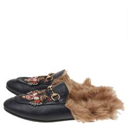 Pre Owned Gucci Black Tiger Embroidered Leather And Fur Lined Princetown Mules Size 38.5