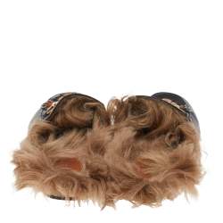 Pre Owned Gucci Black Tiger Embroidered Leather And Fur Lined Princetown Mules Size 38.5