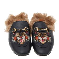 Pre Owned Gucci Black Tiger Embroidered Leather And Fur Lined Princetown Mules Size 38.5