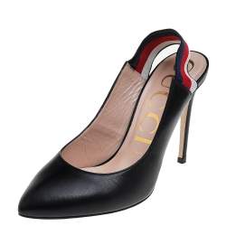Pre Owned Gucci Black Leather Sylvie Web Detail Slingback Pumps Size 37