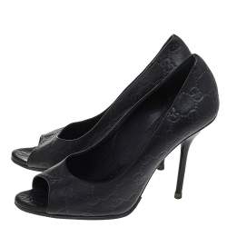 Gucci Black Guccissima Leather Peep Toe Pumps Size 38