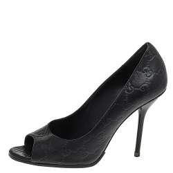 Gucci Black Guccissima Leather Peep Toe Pumps Size 38