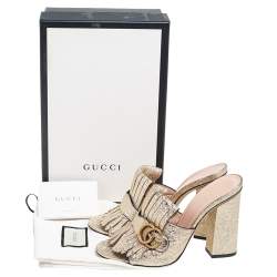 مملوكة مسبقًا Gucci Gold Crackle Leather GG Marmont Fringed Slide Sandals Size 39