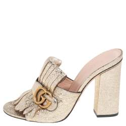 مملوكة مسبقًا Gucci Gold Crackle Leather GG Marmont Fringed Slide Sandals Size 39