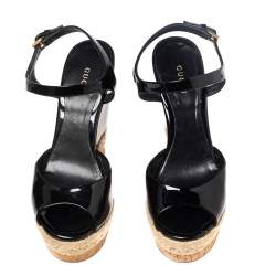 Gucci Black Patent Leather Cork And Espadrille Wedge Sandals Size 37.5