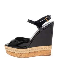 Gucci Black Patent Leather Cork And Espadrille Wedge Sandals Size 37.5