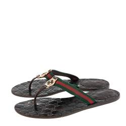 Pre Owned صندل إصبع غوتشي كانفاس جي جي وجلد غوتشيسيما بني سير ويب مقاس 40