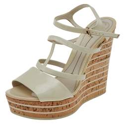 مملوكة مسبقًا Gucci Cream Patent Leather Cork Wedge Platform Ankle Strap Sandals Size 40