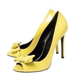 Gucci Yellow Patent Clodine Peep Toe Bow Pumps Size 38