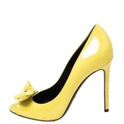 Gucci Yellow Patent Clodine Peep Toe Bow Pumps Size 38