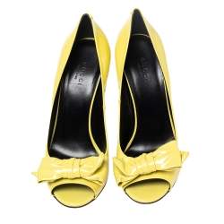 Gucci Yellow Patent Clodine Peep Toe Bow Pumps Size 38