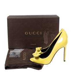 Gucci Yellow Patent Clodine Peep Toe Bow Pumps Size 38