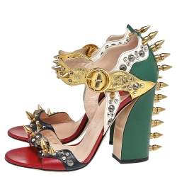 Pre Owned Gucci Multicolor Leather Studded Block Heel Ankle Strap Sandals Size 37