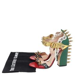 Pre Owned Gucci Multicolor Leather Studded Block Heel Ankle Strap Sandals Size 37