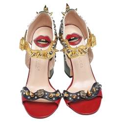Pre Owned Gucci Multicolor Leather Studded Block Heel Ankle Strap Sandals Size 37