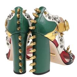 Pre Owned Gucci Multicolor Leather Studded Block Heel Ankle Strap Sandals Size 37