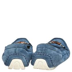 Pre Owned Gucci Blue Suede Bamboo Horsebit Loafers Size 38.5