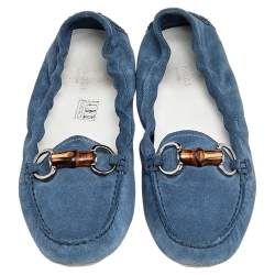 Pre Owned Gucci Blue Suede Bamboo Horsebit Loafers Size 38.5