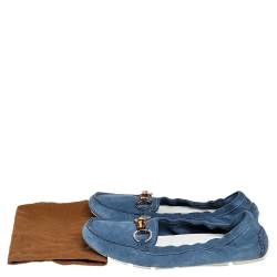 Pre Owned Gucci Blue Suede Bamboo Horsebit Loafers Size 38.5