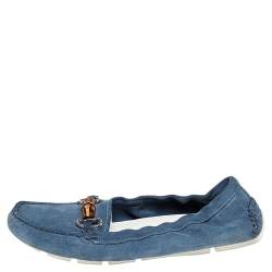 Pre Owned Gucci Blue Suede Bamboo Horsebit Loafers Size 38.5