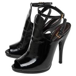 Pre Owned Gucci Black Patent Leather Jane Peep Toe Ankle Strap Booties Size 38.5