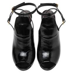 Pre Owned Gucci Black Patent Leather Jane Peep Toe Ankle Strap Booties Size 38.5
