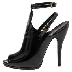 Pre Owned Gucci Black Patent Leather Jane Peep Toe Ankle Strap Booties Size 38.5