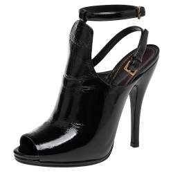 Pre Owned Gucci Black Patent Leather Jane Peep Toe Ankle Strap Booties Size 38.5