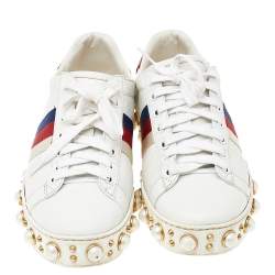 Pre Owned Gucci White Leather And Canvas New Ace Pearl Embellished Low Top Sneakers Size 37.5