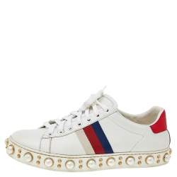 Pre Owned Gucci White Leather And Canvas New Ace Pearl Embellished Low Top Sneakers Size 37.5