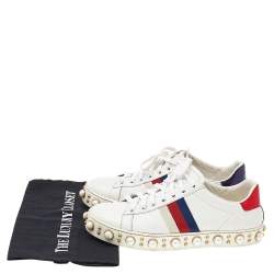 Pre Owned Gucci White Leather And Canvas New Ace Pearl Embellished Low Top Sneakers Size 37.5