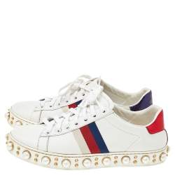 Pre Owned Gucci White Leather And Canvas New Ace Pearl Embellished Low Top Sneakers Size 37.5