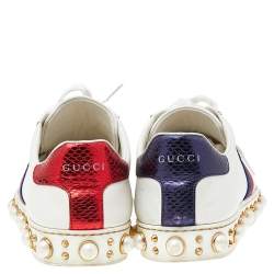 Pre Owned Gucci White Leather And Canvas New Ace Pearl Embellished Low Top Sneakers Size 37.5