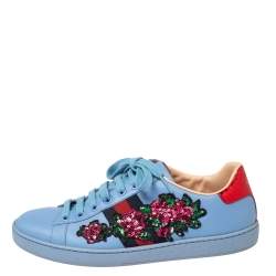 Pre Owned حذاء رياضي غوتشي ايس جلد أزرق مزين نمط مورد مقاس 37.5