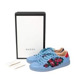 Pre Owned حذاء رياضي غوتشي ايس جلد أزرق مزين نمط مورد مقاس 37.5