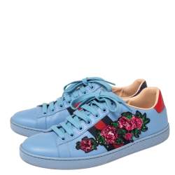 Pre Owned حذاء رياضي غوتشي ايس جلد أزرق مزين نمط مورد مقاس 37.5