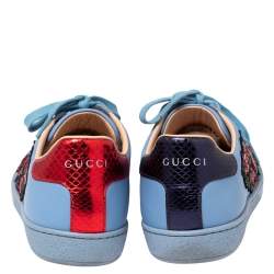 Pre Owned حذاء رياضي غوتشي ايس جلد أزرق مزين نمط مورد مقاس 37.5