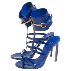 Pre Owned صندل غوتشي أورسولا جلد لامع أزرق سيركاحل مزين هورسبيت مقاس 37.5