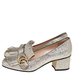 مملوكة مسبقًا Gucci Metallic Gold Textured Leather GG Marmont Fringe Detail Block Heel Pumps Size 37.5